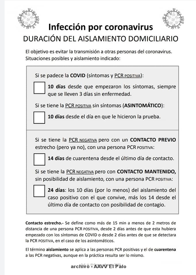 Información del Centro de Salud, Sobre la infección por coronavirus y duración del aislamiento domiciliario, a la ciudadanía de la barriada. 